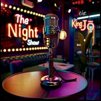 a microphone on a table in front of a neon sign